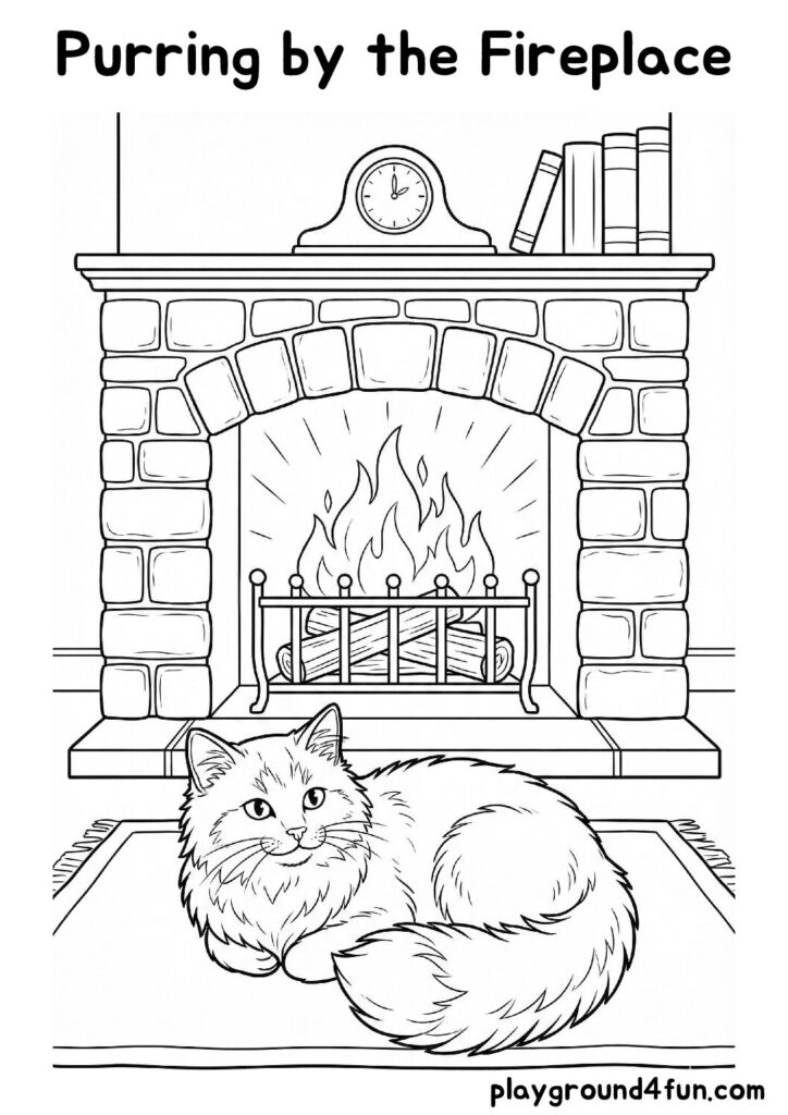 Purring by the Fireplace Coloring Pages