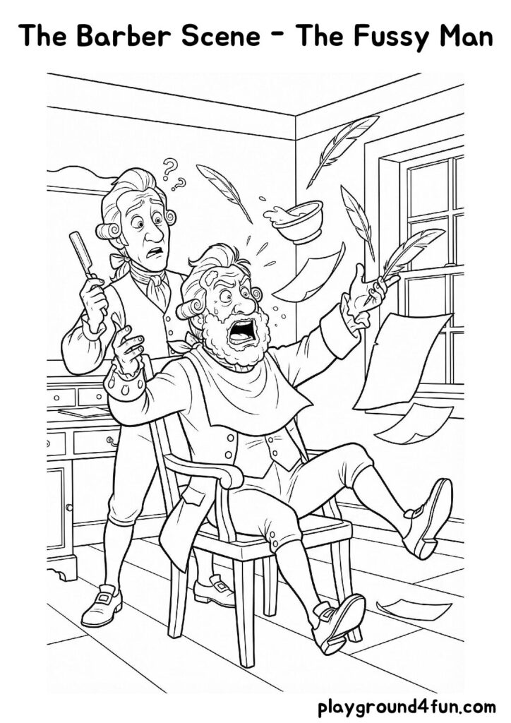 The Barber Scene – The Fussy Man Coloring Pages