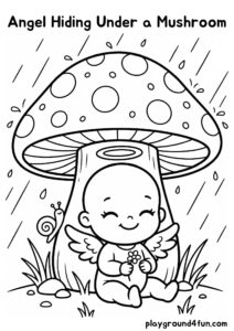 Coloring pages: Angel Hiding Under a Mushroom pdf