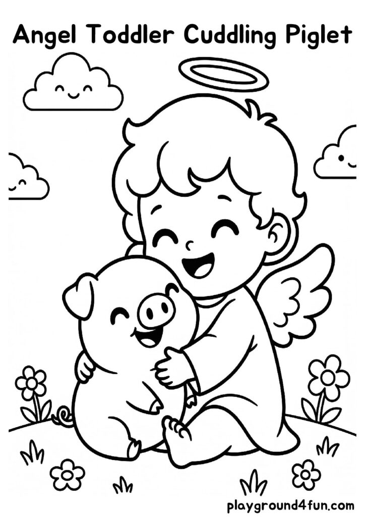 Angel Toddler Cuddling Piglet