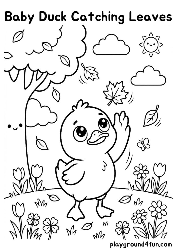 Baby Duck Catching Leaves