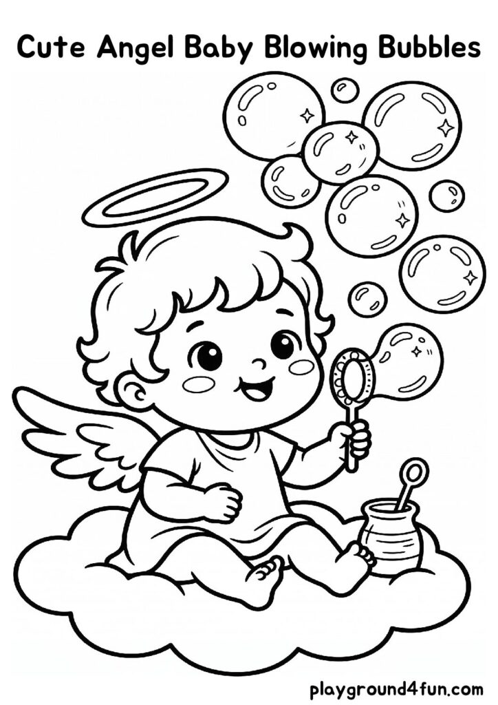 Cute Angel Baby Blowing Bubbles Coloring Pages