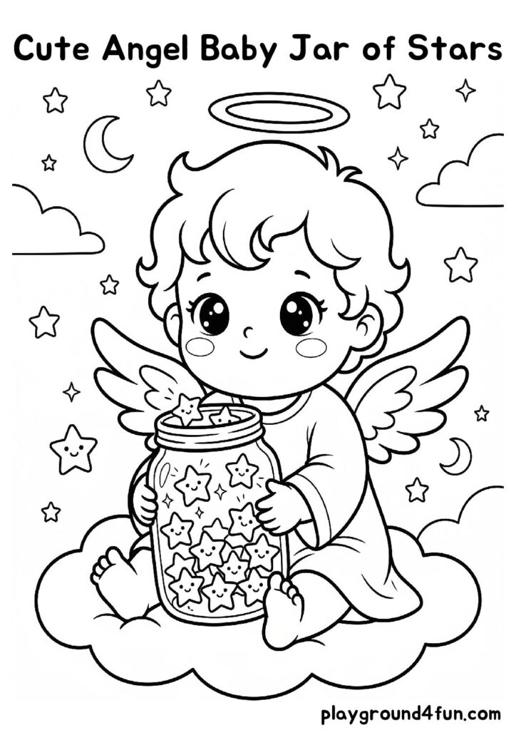 Cute Angel Baby Jar of Stars Coloring Pages