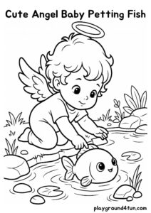 Coloring pages: Cute Angel Baby Petting Fish pdf