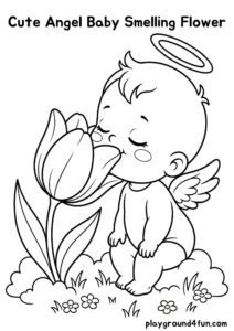 Coloring pages: Cute Angel Baby Smelling Flower pdf