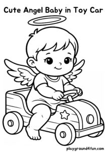 Coloring pages: Cute Angel Baby in Toy Car pdf