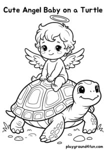 Coloring pages: Cute Angel Baby on a Turtle pdf