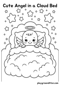 Coloring pages: Cute Angel in a Cloud Bed pdf