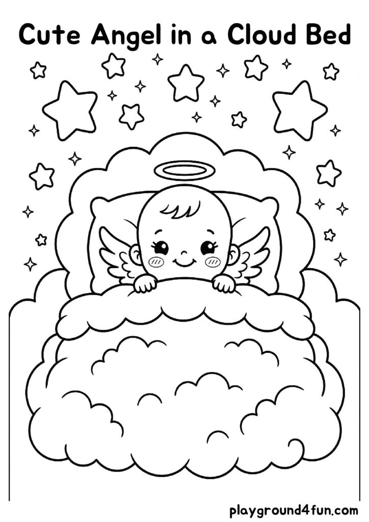Cute Angel in a Cloud Bed Coloring Pages