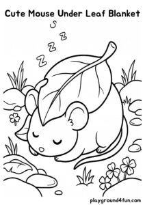 Coloring pages: Cute Mouse Under Leaf Blanket pdf