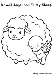 Coloring pages: Kawaii Angel and Fluffy Sheep pdf