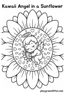 Coloring pages: Kawaii Angel in a Sunflower pdf