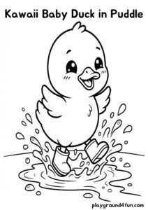 Coloring pages: Kawaii Baby Duck in Puddle pdf