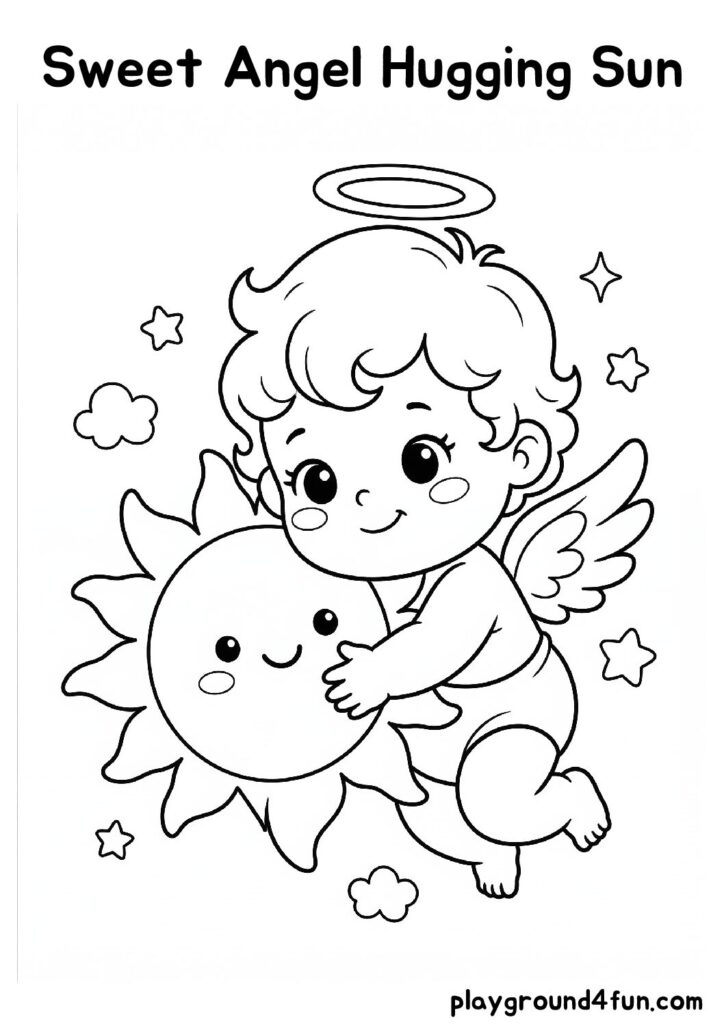Sweet Angel Hugging Sun Coloring Pages