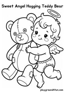 Coloring pages: Sweet Angel Hugging Teddy Bear pdf