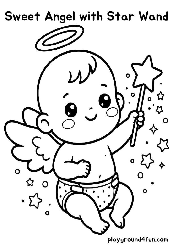 Sweet Angel with Star Wand Coloring Pages