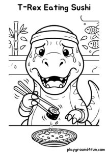 Coloring pages: T Rex Eating Sushi pdf