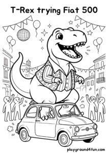 Coloring pages: T Rex trying Fiat 500 pdf