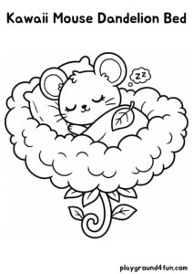 Coloring pages: Kawaii Mouse Dandelion Bed pdf