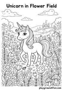Coloring pages: Unicorn in Flower Field pdf