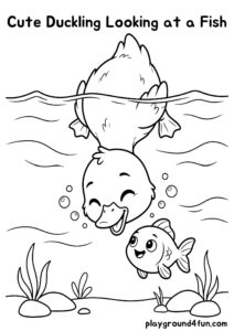 Coloring pages: Cute Duckling Looking at a Fish pdf
