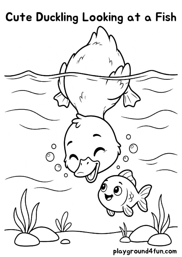 Cute Duckling Looking at a Fish Coloring Pages