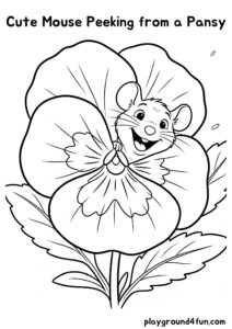 Coloring pages: Cute Mouse Peeking from a Pansy pdf