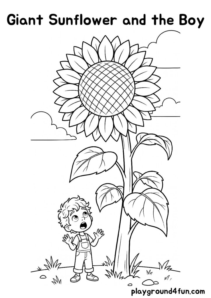 Giant Sunflower and the Boy Coloring Pages