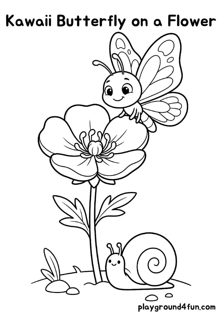 Kawaii Butterfly on a Flower Coloring Pages