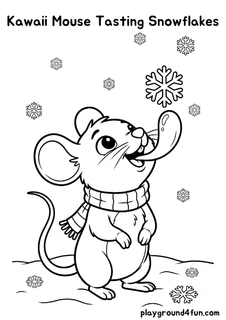 Kawaii Mouse Tasting Snowflakes Coloring Pages