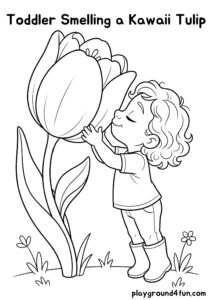 Toddler Smelling a Kawaii Tulip