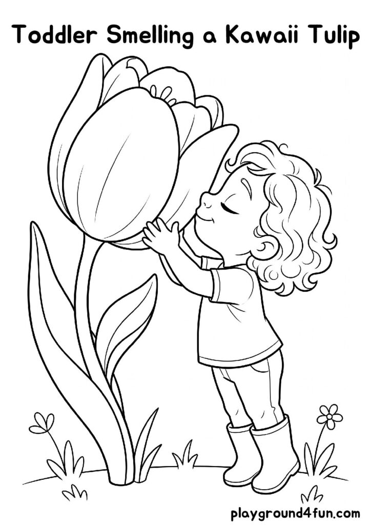 Toddler Smelling a Kawaii Tulip Coloring Pages