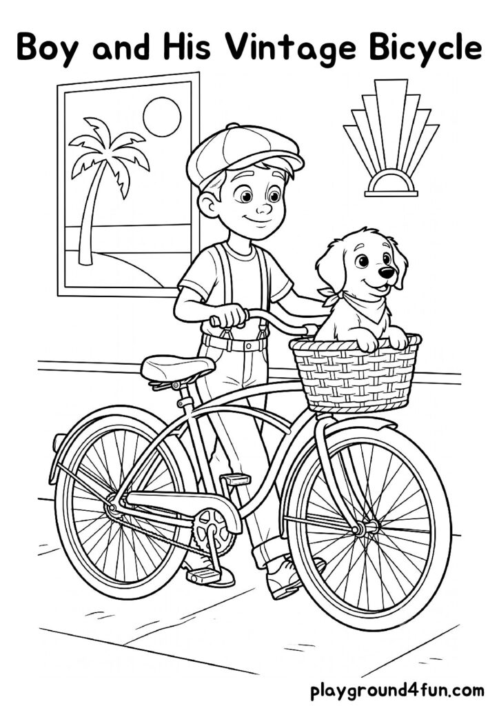 Boy and His Vintage Bicycle Coloring Pages