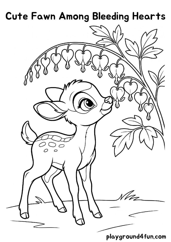 Cute Fawn Among Bleeding Hearts Coloring Pages