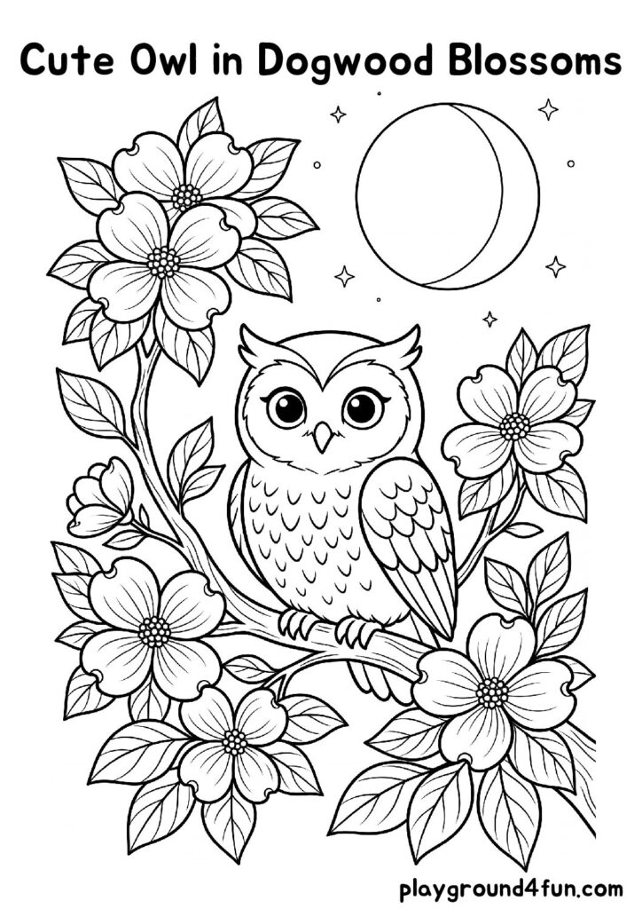 Cute Owl in Dogwood Blossoms Coloring Pages