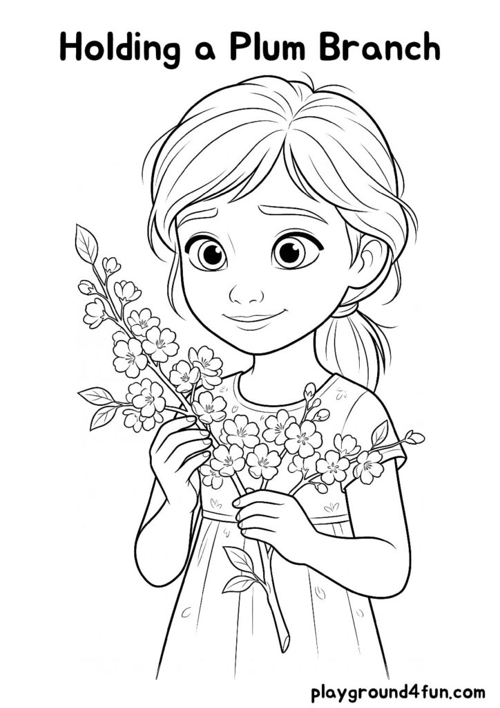 Holding a Plum Branch Coloring Pages