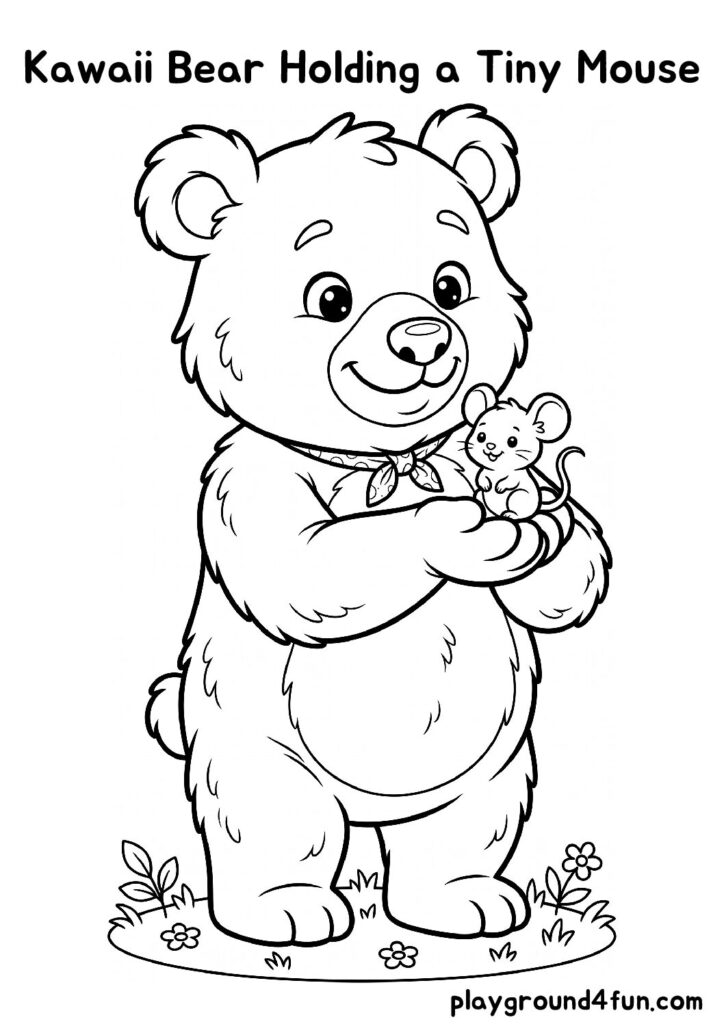 Kawaii Bear Holding a Tiny Mouse Coloring Pages