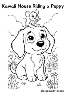 Coloring pages: Kawaii Mouse Riding a Puppy pdf