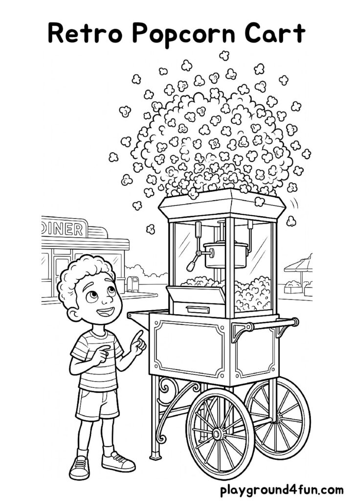 Retro Popcorn Cart Coloring Pages