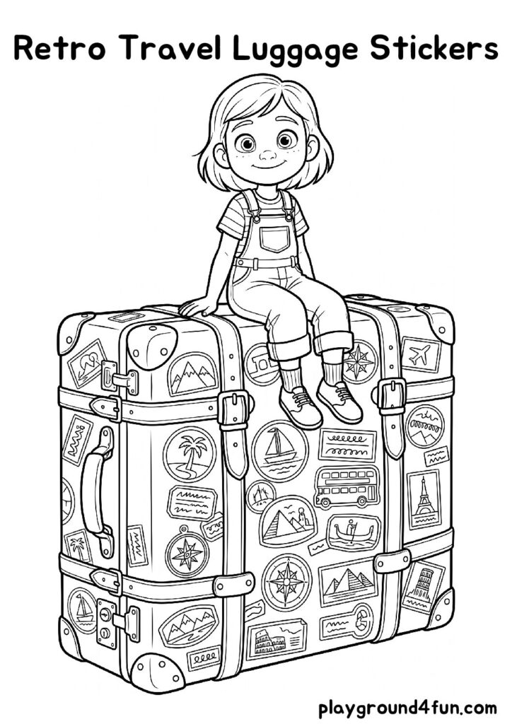 Retro Travel Luggage Stickers Coloring Pages