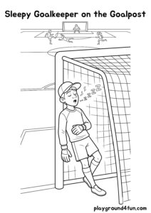Coloring pages: Sleepy Goalkeeper on the Goalpost pdf