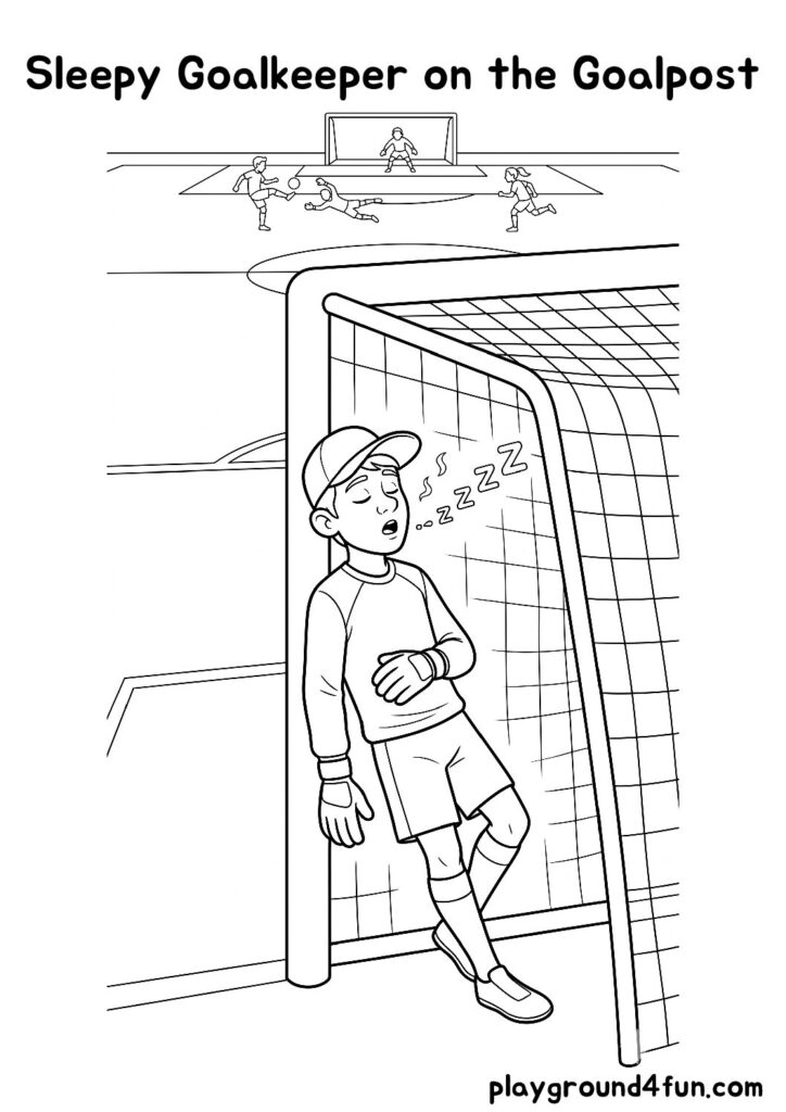 Sleepy Goalkeeper on the Goalpost Coloring Pages