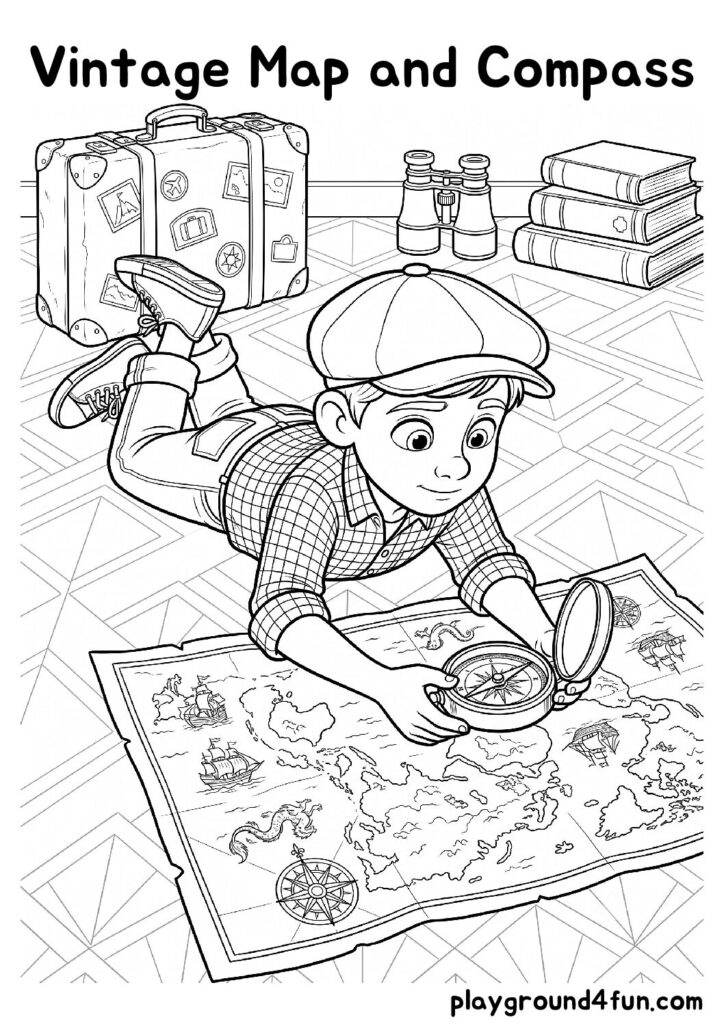 Vintage Map and Compass Coloring Pages