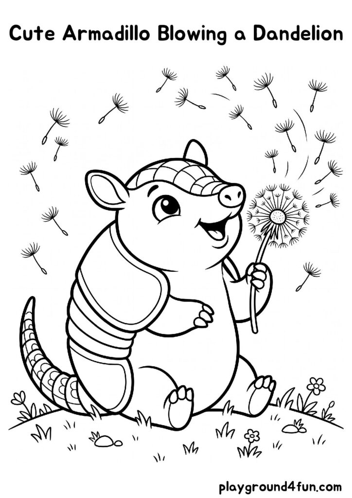 Cute Armadillo Blowing a Dandelion Coloring Pages