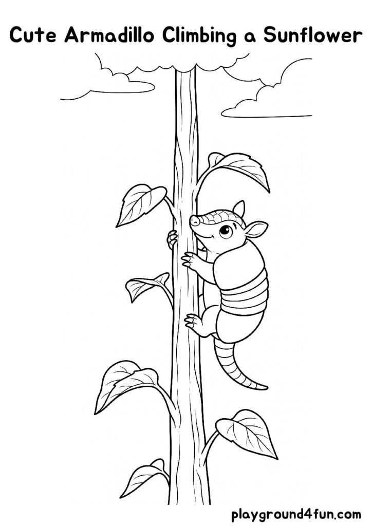 Cute Armadillo Climbing a Sunflower Coloring Pages