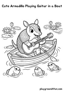 Coloring pages: Cute Armadillo Playing Guitar in a Boat pdf