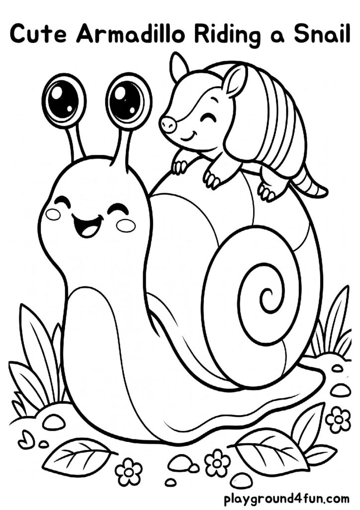Cute Armadillo Riding a Snail Coloring Pages