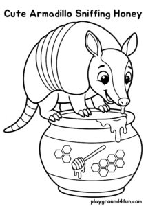 Coloring pages: Cute Armadillo Sniffing Honey pdf