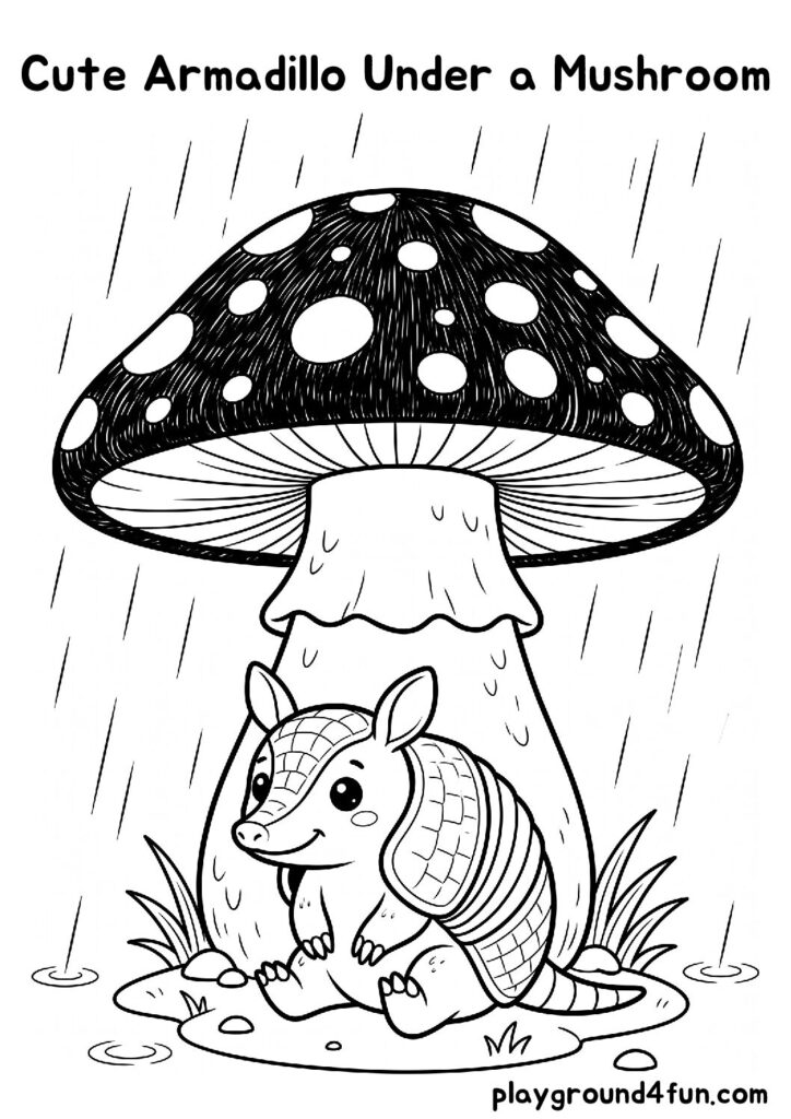 Cute Armadillo Under a Mushroom Coloring Pages