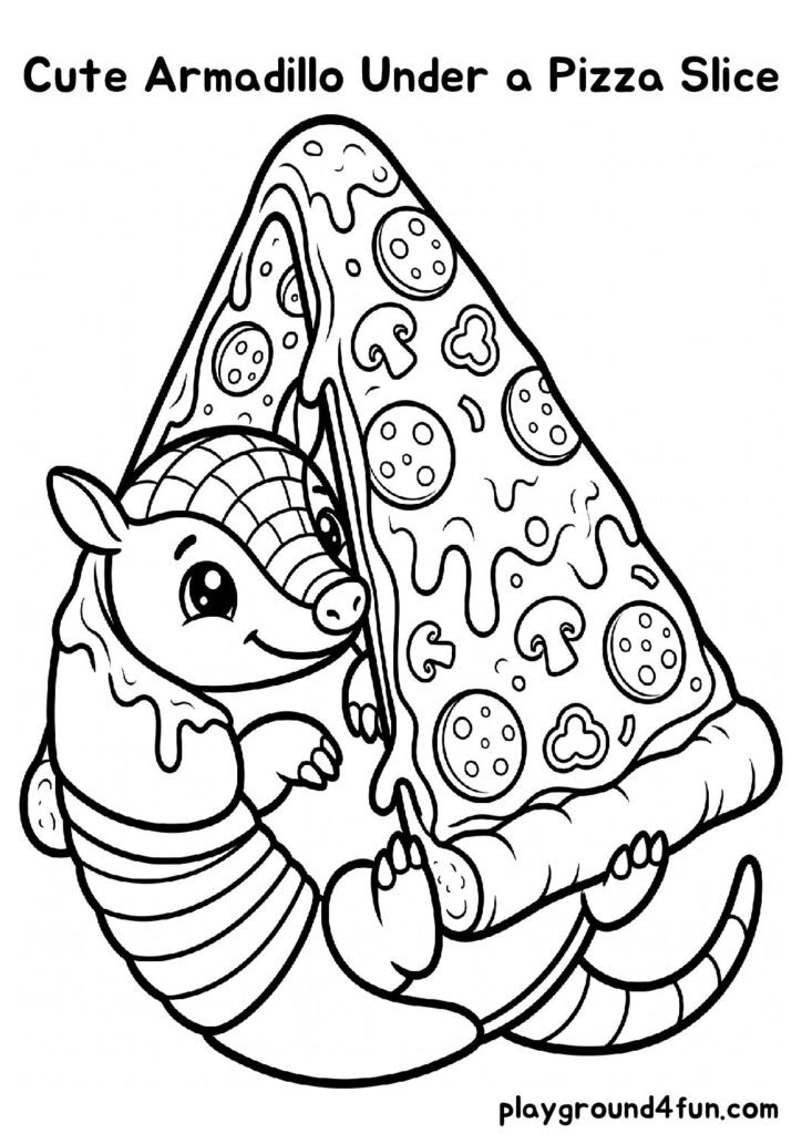 Cute Armadillo Under a Pizza Slice Coloring Pages